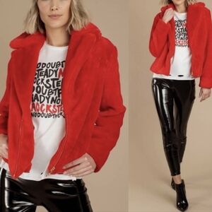 Finders Keepers Red Faux Fur Jacket Relaxed Fit Pull Tab Zipper S/M NWT